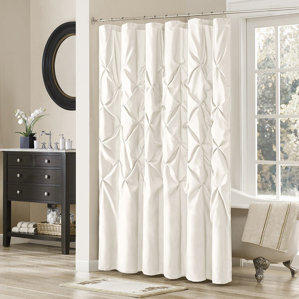 White Pleated Tufted Fabric Shower Curtain - 72" x 72" (Laurel-White-Shower)