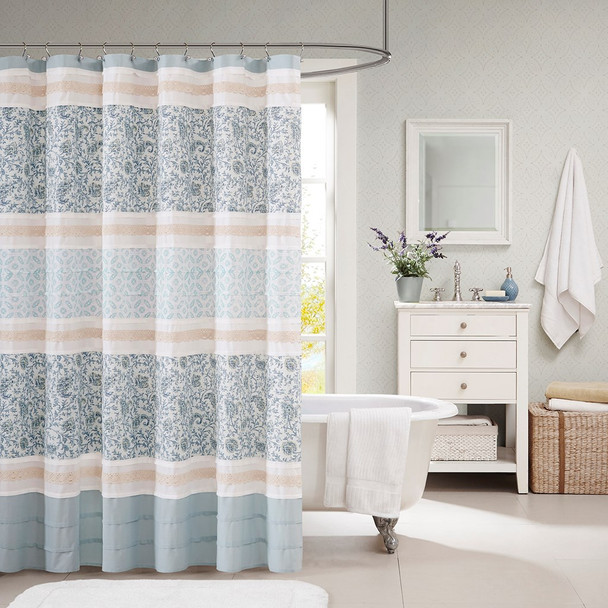 Blue & White Cottage Chic Paisley Cotton Fabric Shower Curtain - 72" x 72" (Dawn-Blue-Shower)