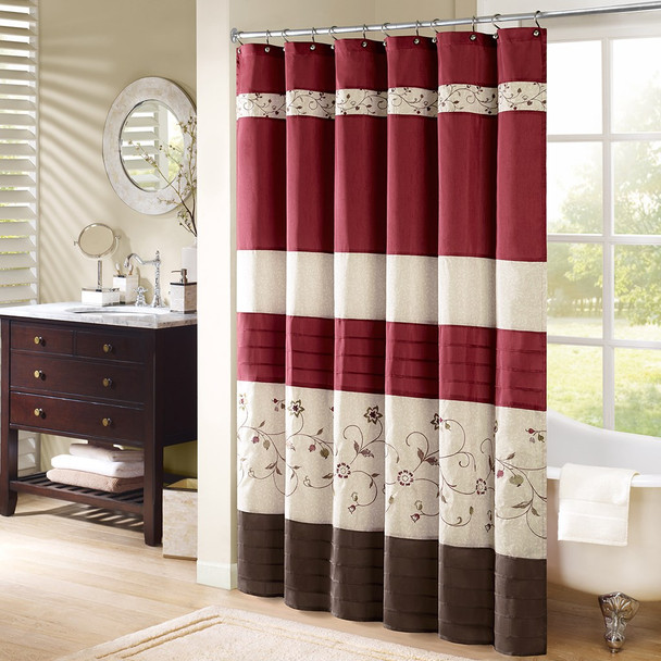 Deep Red & Brown Floral Embroidered Fabric Shower Curtain - 72" x 72" (Serene-Red-Shower)