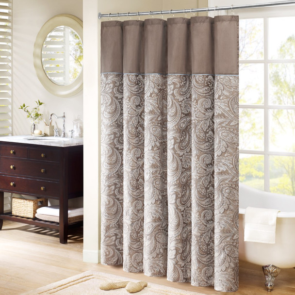 Brown & Soft Blue Jacquard Paisley Print Fabric Shower Curtain - 72" x 72" (Aubrey-Blue-Shower)