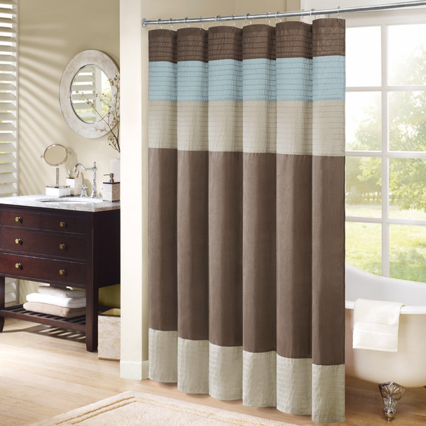 Blue Brown & Taupe Pintuck Striped Fabric Shower Curtain - 72" x 72" (Trinity-Blue-Shower)