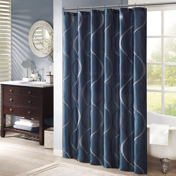 Navy Blue & Grey Geometric Embroidered Fabric Shower Curtain - 72" x 72" (Serendipity-Navy-Shower)