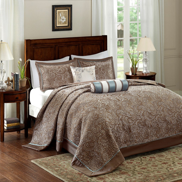 5pc Brown & Blue Jacquard Weave Bedspread Set AND Decorative Pillows (Aubrey-Blue-bedspread)