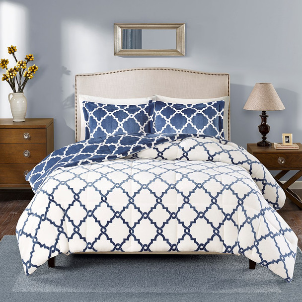Navy Blue & White Reversible Geometric Fretwork Comforter AND Pillow Shams (Peyton-Navy)