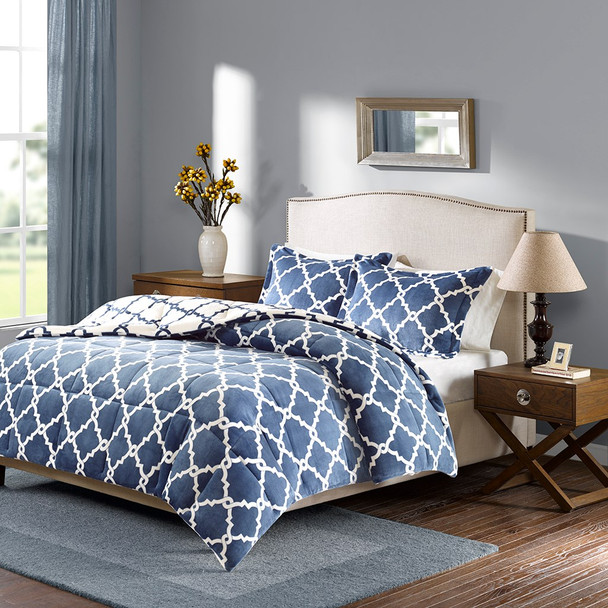 Navy Blue & White Reversible Geometric Fretwork Comforter AND Pillow Shams (Peyton-Navy)