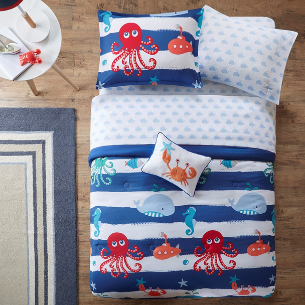 Blue & White Sea Creatures Comforter Set AND Matching Sheet Set (Sealife-Blue)