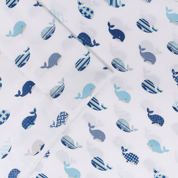 Blue & White Moby Whales Printed Microfiber Sheet Set (Printed Sheets-Blue)