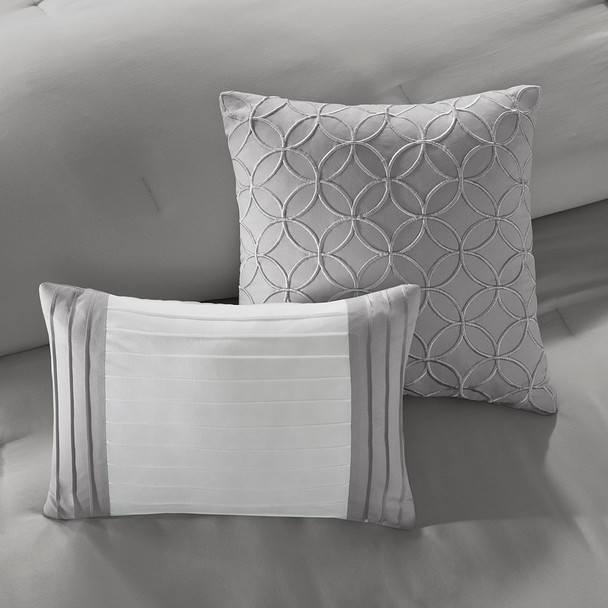 8pc Grey & White Microfiber Embroidered Comforter Set AND Decorative Pillows (Stratford-Grey)