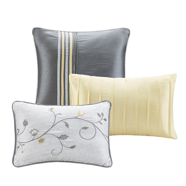 7pc Grey & Yellow Embroidered Floral Comforter Set AND Decorative Pillows (Serene-Yellow)