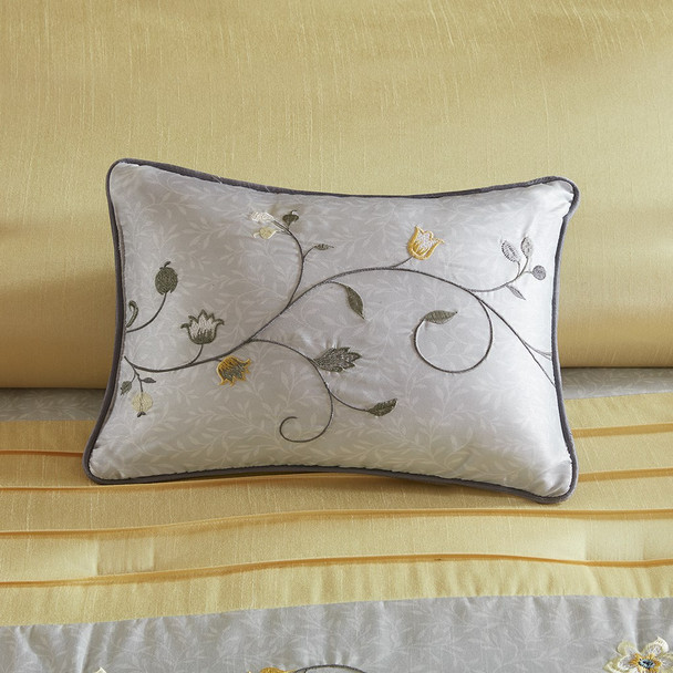 7pc Grey & Yellow Embroidered Floral Comforter Set AND Decorative Pillows (Serene-Yellow)