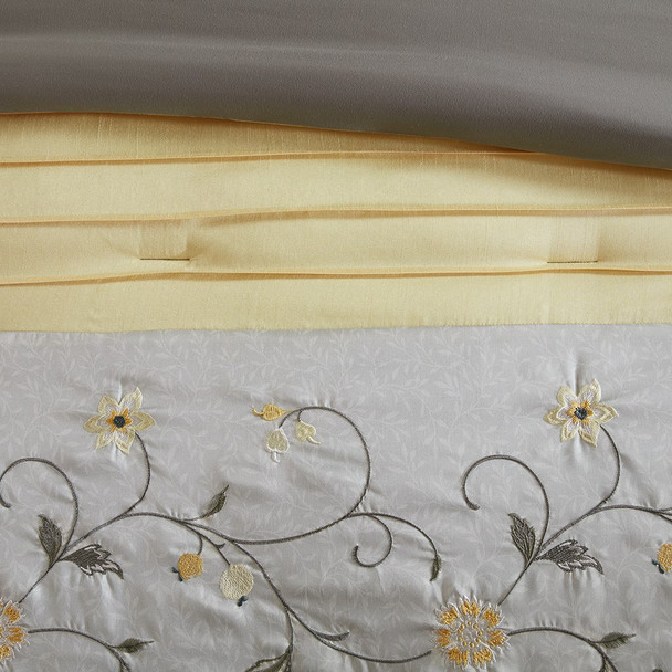 7pc Grey & Yellow Embroidered Floral Comforter Set AND Decorative Pillows (Serene-Yellow)