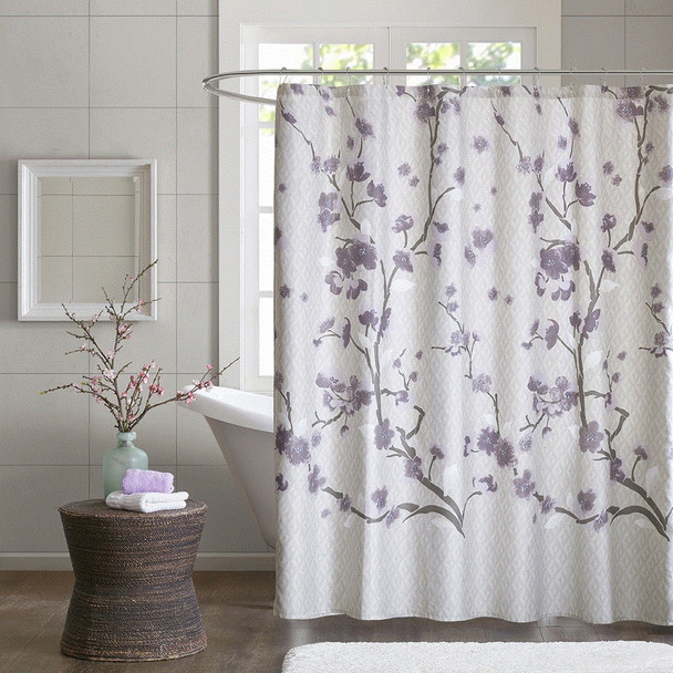 Purple & Grey Floral Blossom Cotton Fabric Shower Curtain - 72" x 72" (Holly-Purple-Shower)