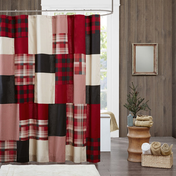 Rustic Red Black & Tan Plaid Cotton Fabric Shower Curtain - 72" x 72" (Sunset-Red-Shower)