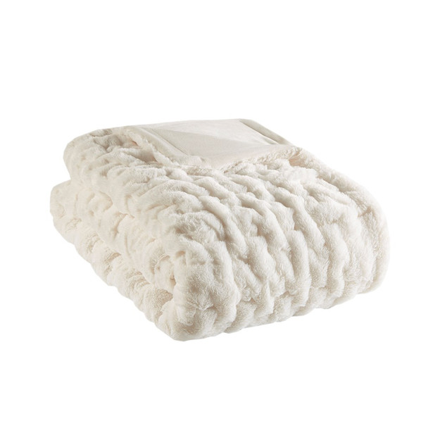Ivory Ruched Faux Fur Reversible Throw - 50" x 60" (Ruched-Ivory)