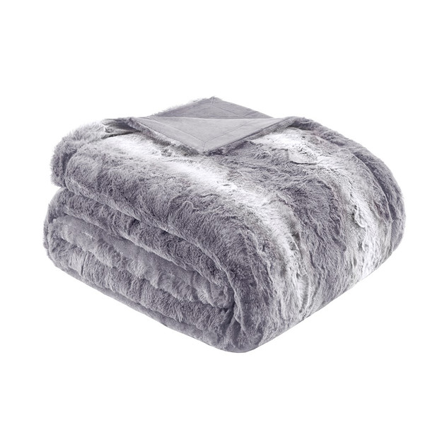 Grey Oversized Reversible Faux Fur Bed Throw - 96" x 80" (Zuri Faux Fur-Grey-Throw)