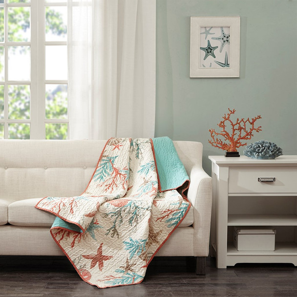 Coral & Teal Beach Starfish Oversized Quilted Throw - 50" x 70" (Pebble Beach-Coral-Throw)