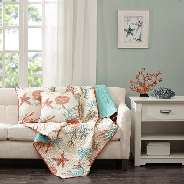Coral & Teal Beach Starfish Oversized Quilted Throw - 50" x 70" (Pebble Beach-Coral-Throw)