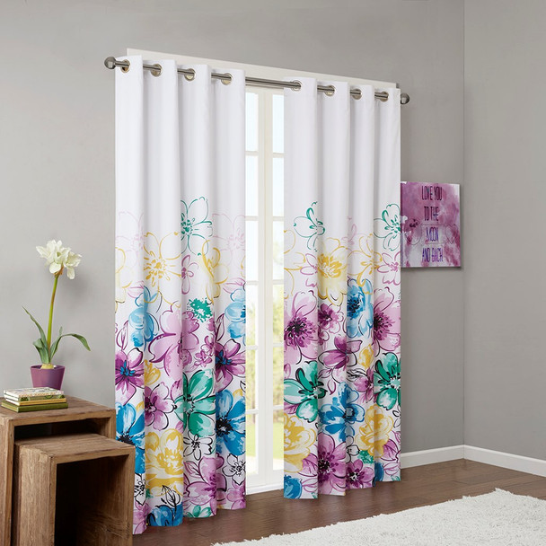 Blue Green & Purple Floral Blackout Curtain Panel - Grommet Top (Olivia-Blue-Panel)