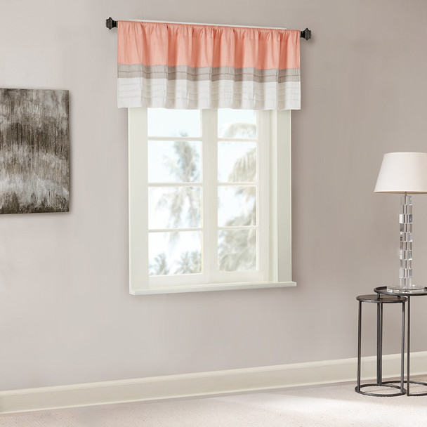 Coral & Taupe Pintucked Faux Silk Window Valance - Rod Pocket (Amherst-Blue-val)