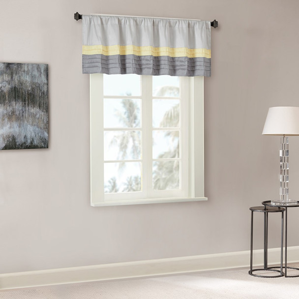 Grey & Yellow Pintucked Faux Silk Window Valance - Rod Pocket (Amherst-Yellow-val)