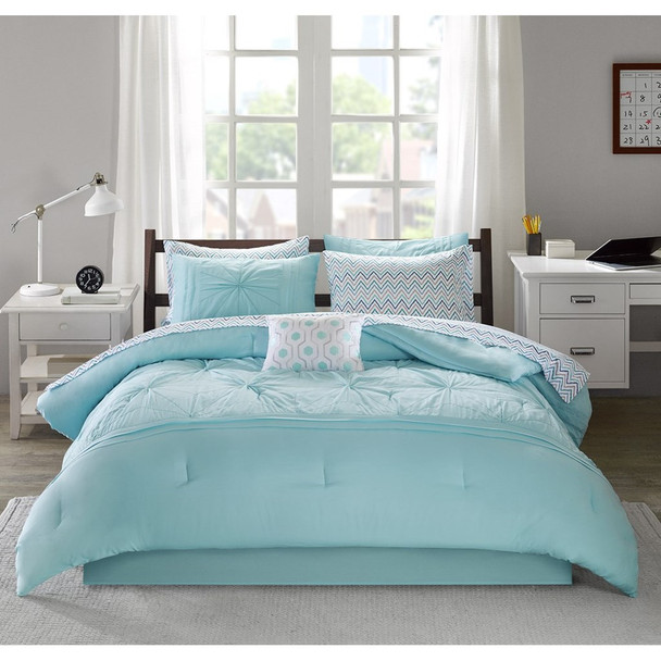 Aqua & White Geometric Design Comforter Set AND Matching Sheet Set (Toren-Aqua)