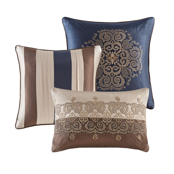 7pc Navy Blue & Taupe Striped Geometric Comforter Set AND Decorative Pillows (Donovan-Navy)