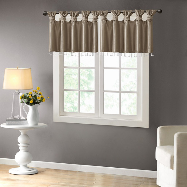 Pewter Faux Silk DIY Twisted Tab Top Window Valance w/Hanging Beads (Emilia-Pewter-val)