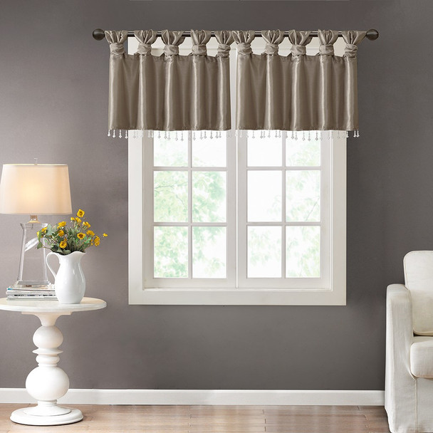 Pewter Faux Silk DIY Twisted Tab Top Window Valance w/Hanging Beads (Emilia-Pewter-val)