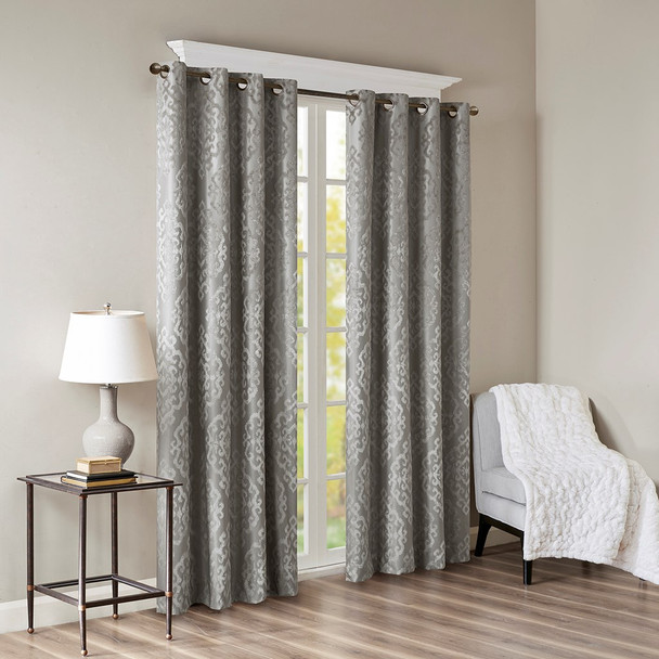 Charcoal Grey Knitted Jacquard BLACKOUT Grommet Top Curtain Panel (Mirage-Charcoal-Panel)