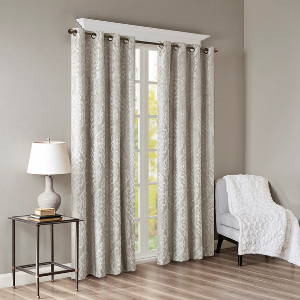 Soft Grey Knitted Jacquard BLACKOUT Grommet Top Curtain Panel (Mirage-Grey-Panel)