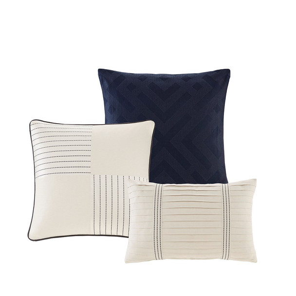 Blue & Ivory Striped Jacquard Woven Comforter Set AND Decorative Pillows (Farmhouse-Blue)