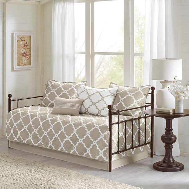 6pc Taupe & White Reversible Quilted Daybed Set AND Decorative Pillow (Merritt-Taupe-DB)