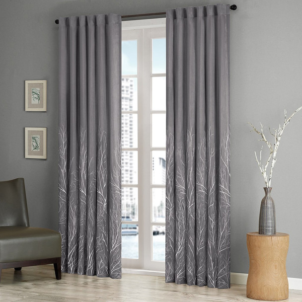 Grey Faux Silk Embroidered Lined Rod Pocket Curtain Panel (Andora-Grey-Panel)