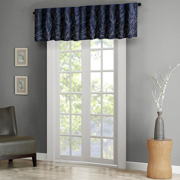 Navy Blue Faux Silk Embroidered Rod Pocket Window Valance (Andora-Navy-val)