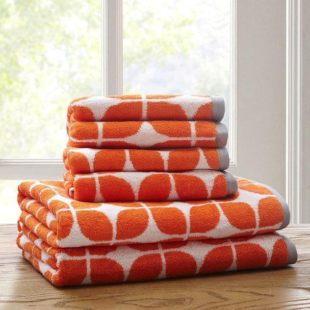 Orange White & Grey Geometric Cotton Jacquard Bath Towel Set (Lita-Orange-Towels)