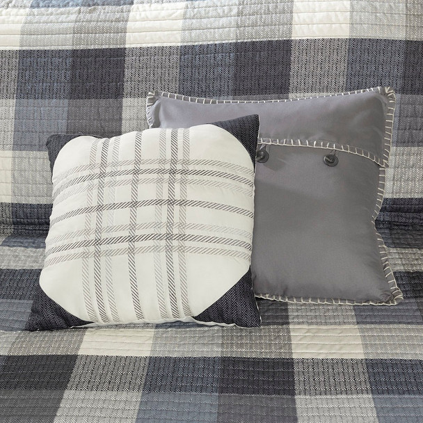 6pc Grey & Ivory Buffalo Plaid Coverlet Quilt Set AND Decorative Pillows (Ridge-Grey-cov)