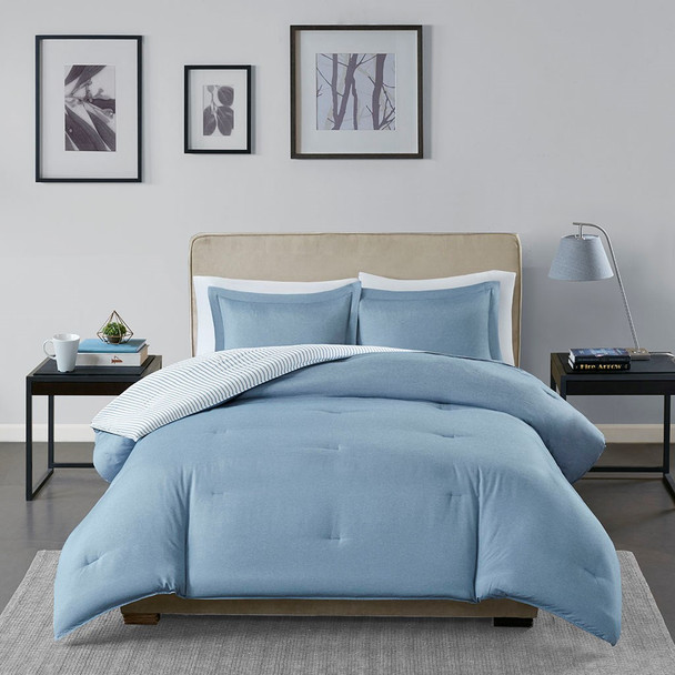 Blue & White Reversible Striped Down Alternative Comforter AND Shams (Hayden-Blue)