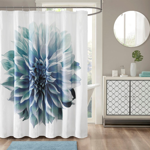 Blue & White Floral 200TC Cotton Percale Fabric Shower Curtain - 72" x 72" (Norah-Aqua-Shower)