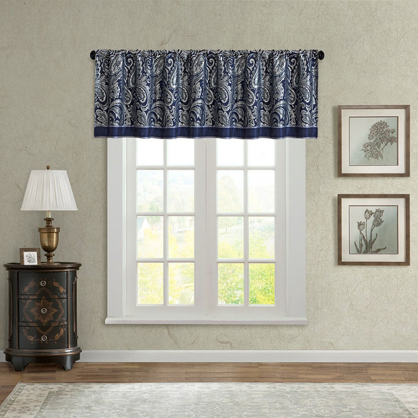 Navy Blue & Ivory Paisley Jacquard Window Valance - Rod Pocket (Aubrey-Navy-val)