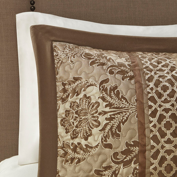 5pc Brown & Gold Jacquard Bedspread Set AND Decorative Pillows (Bellagio-Brown-bedspread)