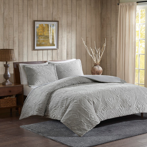 3pc Grey Embroidered Plush Coverlet Quilt AND Decorative Shams (Teton-Grey-cov)