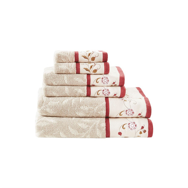 6pc Taupe & Red Floral Embroidered Cotton Jacquard Bath Towel Set (Serene-Red-Towels)