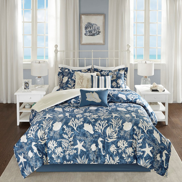 7pc Blue & Taupe Cape Cod Coastal Comforter Set AND Decorative Pillows (Cape Cod-Blue)