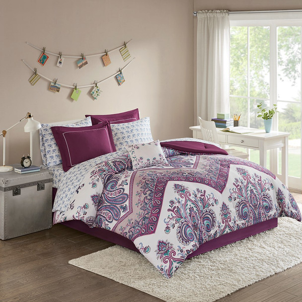 Purple Damask & Chevron Comforter Set AND Matching Sheet Set (Tulay-Purple)