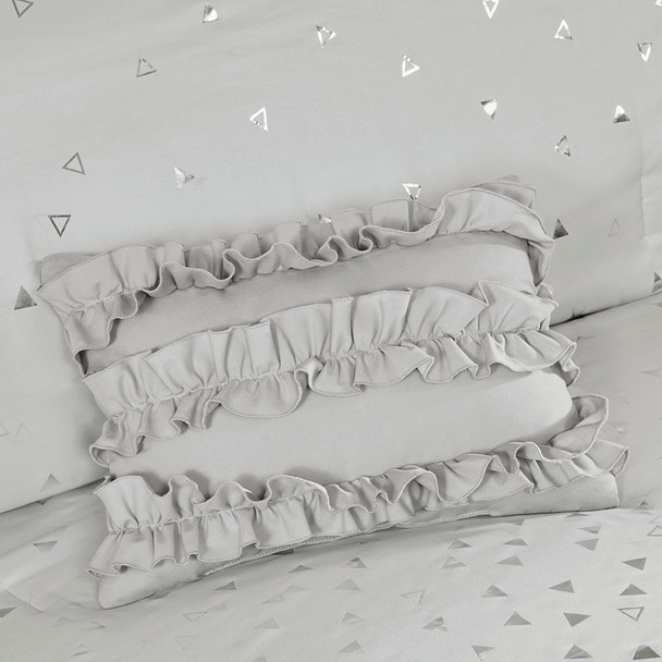 Grey & Metallic Silver Reversible Comforter Set AND Decorative Pillows (Zoey-Grey/Silver)