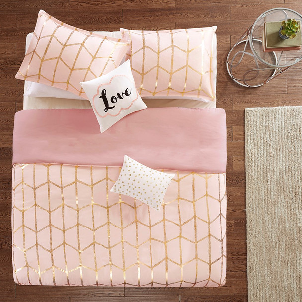 Pink Blush & Metallic Gold Geometric Duvet Cover Set AND Decorative Pillows (Raina-Blush/Gold-duv)