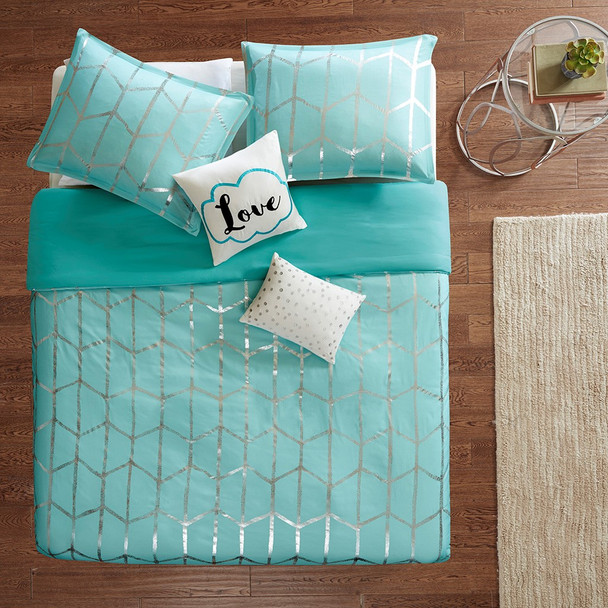 Aqua Blue & Metallic Silver Geometric Duvet Cover Set AND Decorative Pillows (Raina-Aqua/Silver-duv)