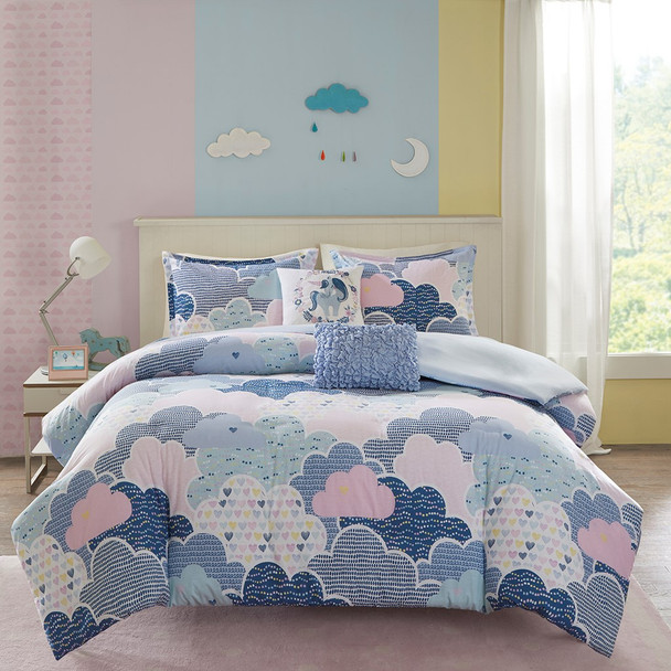 Blue Purple Pink Playful Clouds Duvet Cover Set AND Decorative Pillows (Cloud 9-Blue-duv)