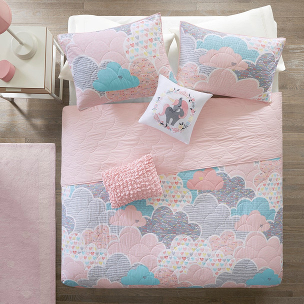 Pink Blue & White Playful Clouds Quilted Coverlet Set AND Decorative Pillows (Cloud 9-Pink-Cov)