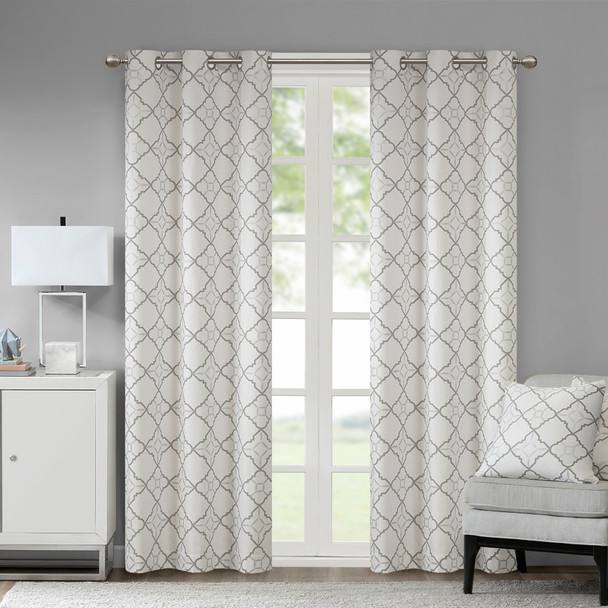 Set of 2 Cotton Grey & Metallic Print Window Curtain Panels (Hayes-Grey-window)